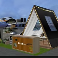 Cozy Glamping Setup With White Tent String Lights Vehicle Kiosk Green Plants And Evening Sky