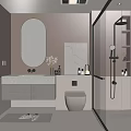 Elegant Modern Bathroom With Pink Walls Round Gold Frame Mirror White Vanity And Marble Countertop