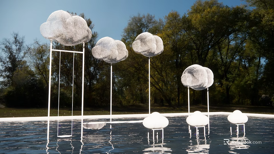 Cloud Shaped Sculptures Standing In Water With Reflections And Trees Background 3d model 