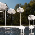 Cloud Shaped Sculptures Standing In Water With Reflections And Trees Background 3d model