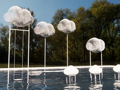 Cloud Shaped Sculptures Standing In Water With Reflections And Trees Background 3d model