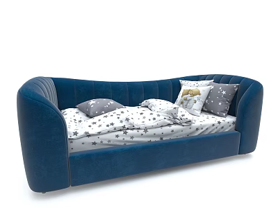 Blue Upholstered Children's Bed with Star Patterned Sheets and Decorative Pillows 3d model