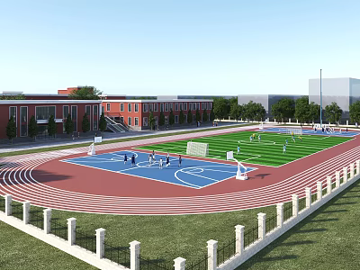 Football Field With Red Running Track Basketball Court Red Brick Buildings And Green Trees 3d model