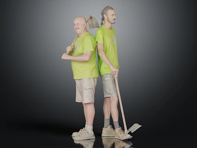 Two Men Wearing Green T Shirts And Khaki Shorts Holding Tools 3d model