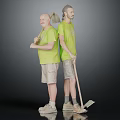 Two Men Wearing Green T Shirts And Khaki Shorts Holding Tools