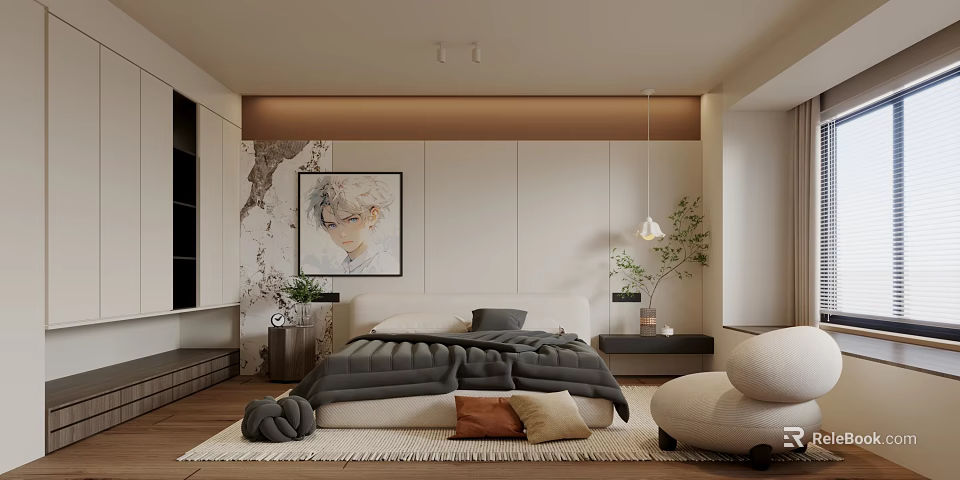 Modern Bedroom Interior With Cozy Bed Framed Artwork Potted Plant Soft Rug And Round Accent Chair 3d model 