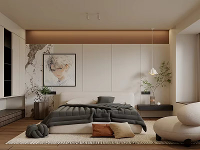 Modern Bedroom Interior With Cozy Bed Framed Artwork Potted Plant Soft Rug And Round Accent Chair 3d model