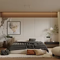Modern Bedroom Interior With Cozy Bed Framed Artwork Potted Plant Soft Rug And Round Accent Chair