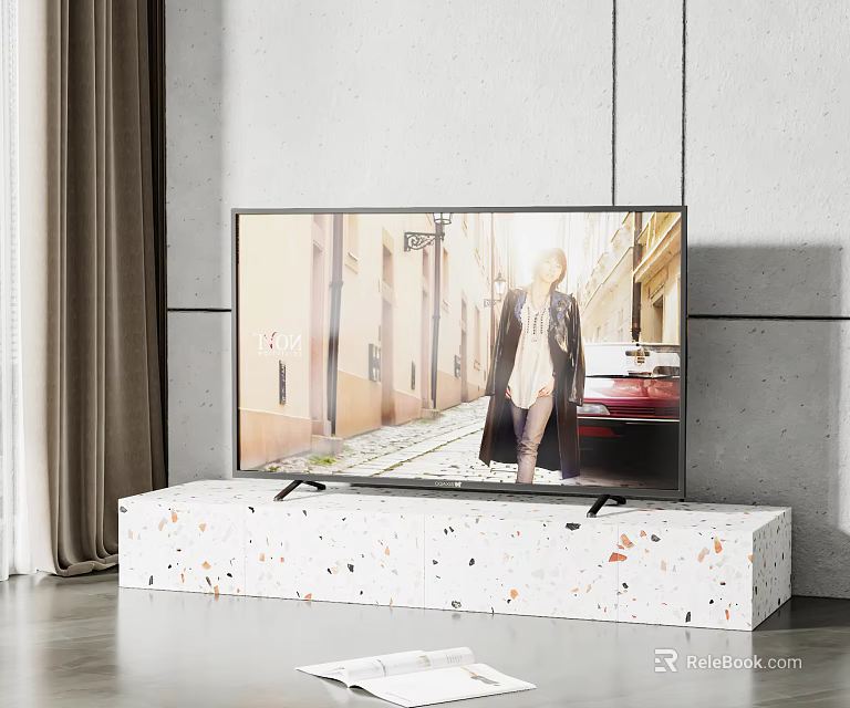 Sleek Flat Screen TV Placed on White Speckled Stand in Modern Minimalist Room 3d model 