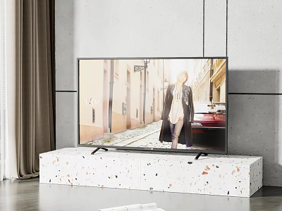 Sleek Flat Screen TV Placed on White Speckled Stand in Modern Minimalist Room 3d model