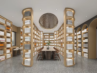 Bank Interior Space With Bookshelves Wooden Tables Chairs And Circular Ceiling Decoration 3d model