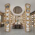 Bank Interior Space With Bookshelves Wooden Tables Chairs And Circular Ceiling Decoration