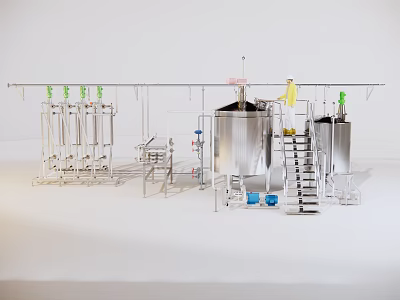 Industrial Equipment Setup With Stainless Steel Containers Pipes Ladders Green Valves And Blue Barrels 3d model