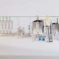 Industrial Equipment Setup With Stainless Steel Containers Pipes Ladders Green Valves And Blue Barrels
