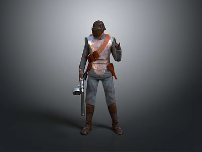 The Man Dressed In Silver Armor With Brown Holster Holding Weapon And Leather Boots 3d model