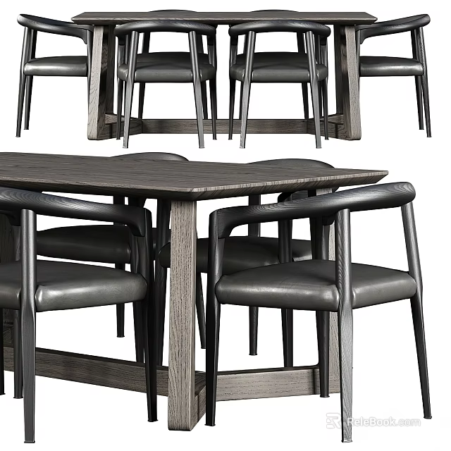 Modern Wooden Dining Table with Leather Chairs Set for Home Interior Design 3d model 