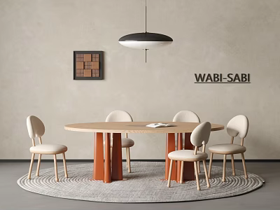 Wabi Sabi Dining Table Set With Wooden Legs Beige Chairs Hanging Lamp Light Wall 3d model