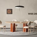 Wabi Sabi Dining Table Set With Wooden Legs Beige Chairs Hanging Lamp Light Wall