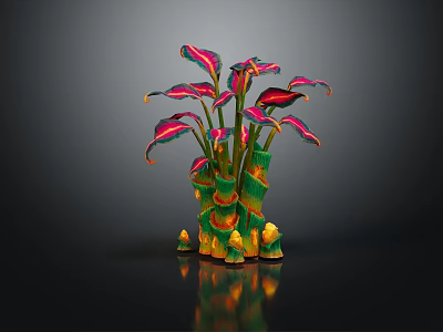 Cartoon Scene Colorful Plant Featuring Red Pink Leaves Green Stems Yellow Decorations On Black Background 3d model