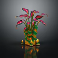 Cartoon Scene Colorful Plant Featuring Red Pink Leaves Green Stems Yellow Decorations On Black Background