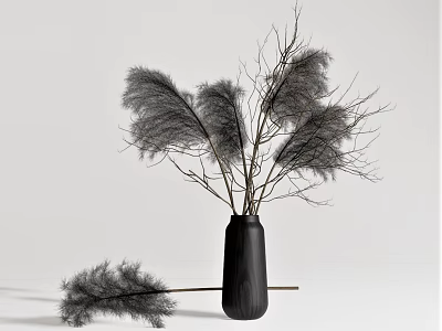 Black Minimalist Vase With Feathery Dried Branches For Interior Decoration 3d model