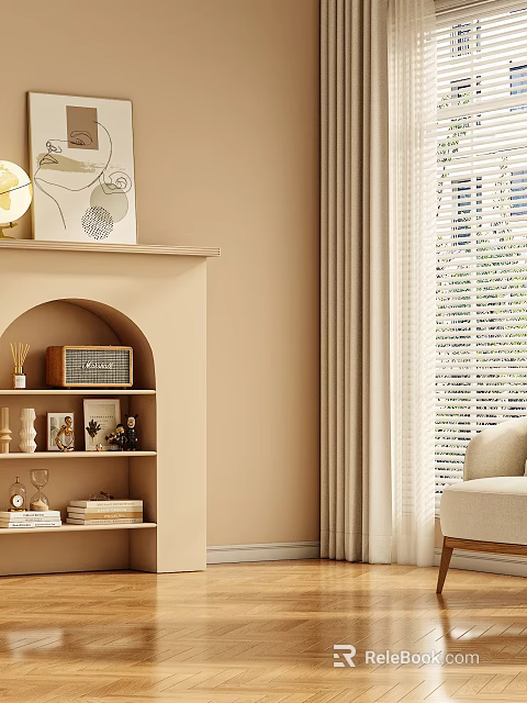 Beige Living Room Interior With Arched Shelf Vintage Radio Table Lamp And Curtains 3d model 