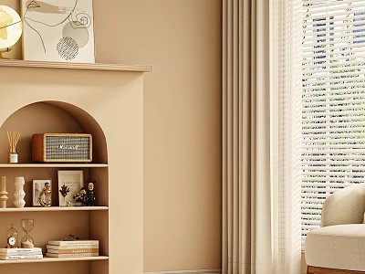 Beige Living Room Interior With Arched Shelf Vintage Radio Table Lamp And Curtains 3d model