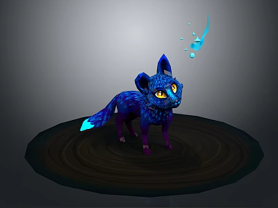 Mythical Game Character Blue Fox With Glowing Ears Tail Tip Yellow Eyes And Light Particles 3d model