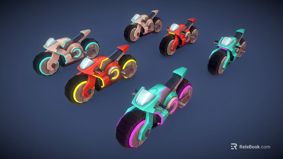 Colorful Futuristic Motorcycles With Neon Glowing Wheels And Unique Design 3d model 