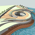 Modern Waterfront Visitor Center With Circular Design Scenic Walkway And Greenery