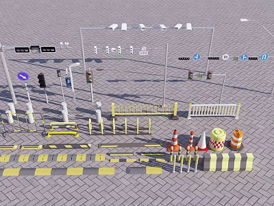 Comprehensive Road Facilities Featuring Traffic Lights Signs Barriers Cones Lamps and Speed Bumps 3d model