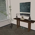 Modern Console Table with Green Plant Wall Art Books Buddha Statue and Brass Figurines