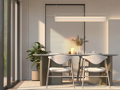 Modern Dining Table Set With Chairs Potted Plant Pendant Light And Natural Light 3d model