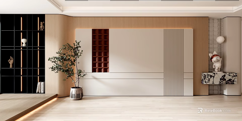 Modern Accent Wall Design In Living Room With Beige Panel Wooden Grid And Green Plant 3d model 