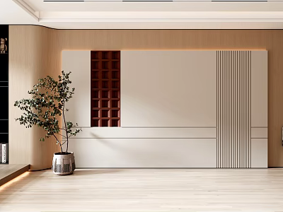 Modern Accent Wall Design In Living Room With Beige Panel Wooden Grid And Green Plant 3d model