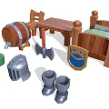 Vintage Medieval Style Decorative Ornament Set Including Wooden Bed Table Chair Barrel Shield Helmet