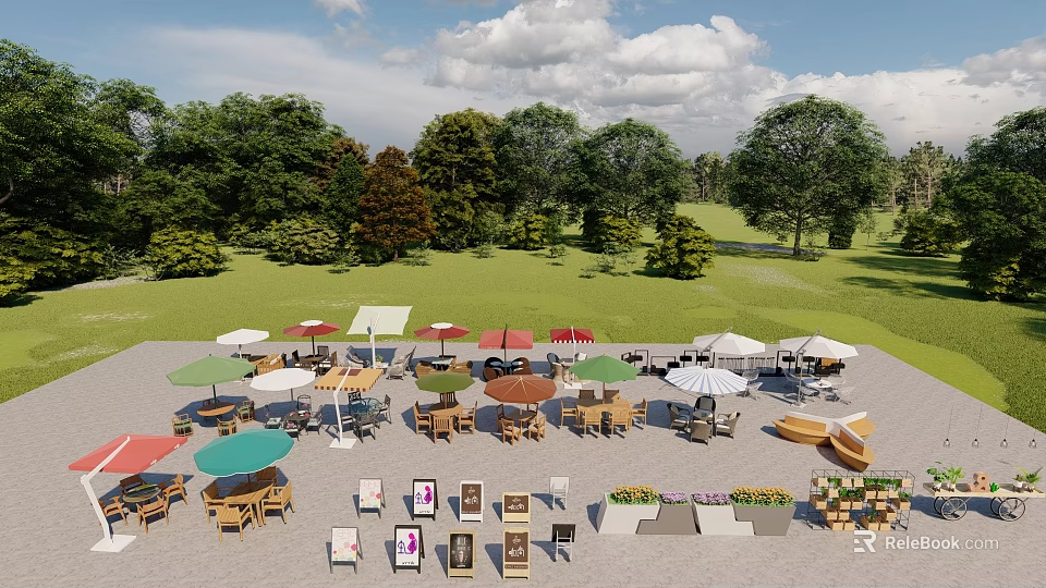 Outdoor Garden Dining Tables And Chairs With Colorful Umbrellas And Green Trees 3d model 