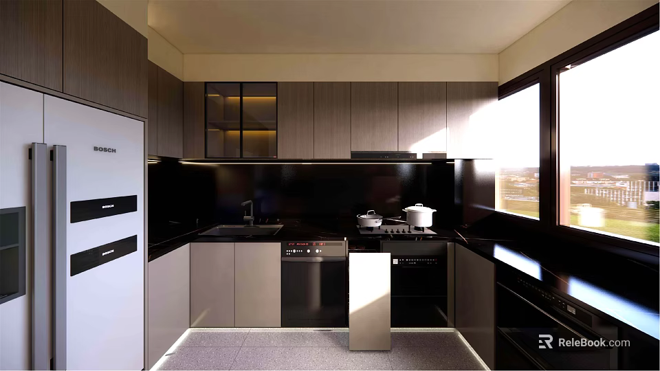 Modern Kitchen Interior With Dark Cabinets Black Countertop Appliances And Sunlight 3d model 