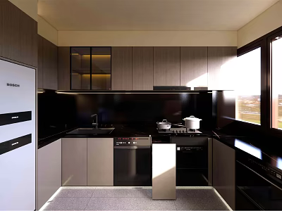 Modern Kitchen Interior With Dark Cabinets Black Countertop Appliances And Sunlight 3d model