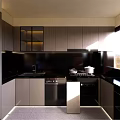 Modern Kitchen Interior With Dark Cabinets Black Countertop Appliances And Sunlight