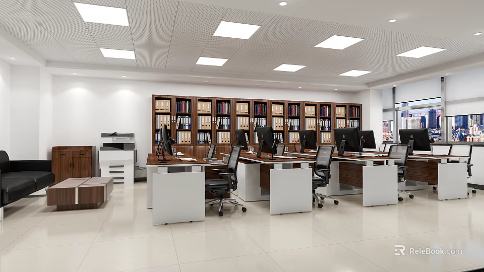 Spacious Public Office Space With Open Layout Desks Computers And Bookshelves 3d model