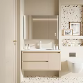 Beige Bathroom Vanity Cabinet with Mirror Cabinet Sink Faucet Toiletries and Toilet on Decorative Wall