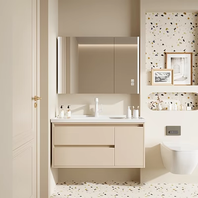 Beige Bathroom Vanity Cabinet with Mirror Cabinet Sink Faucet Toiletries and Toilet on Decorative Wall 3d model