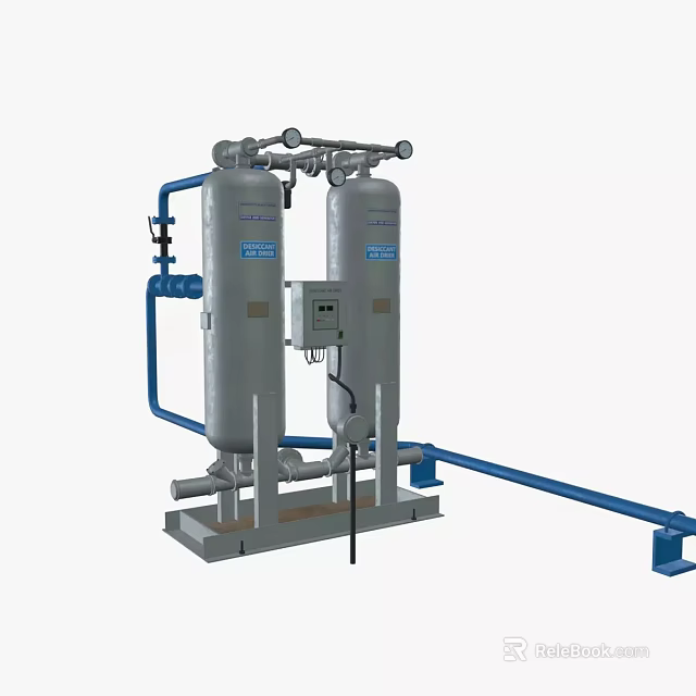 Industrial Dual Tank Air Dryer System with Blue Pipes Gauges and Control Panel 3d model 