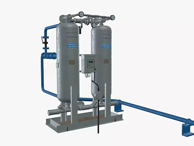 Industrial Dual Tank Air Dryer System with Blue Pipes Gauges and Control Panel 3d model