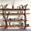 Natural Wooden Branch Shelf With Multiple Layers Displaying Ceramic Vases And Decorative Items