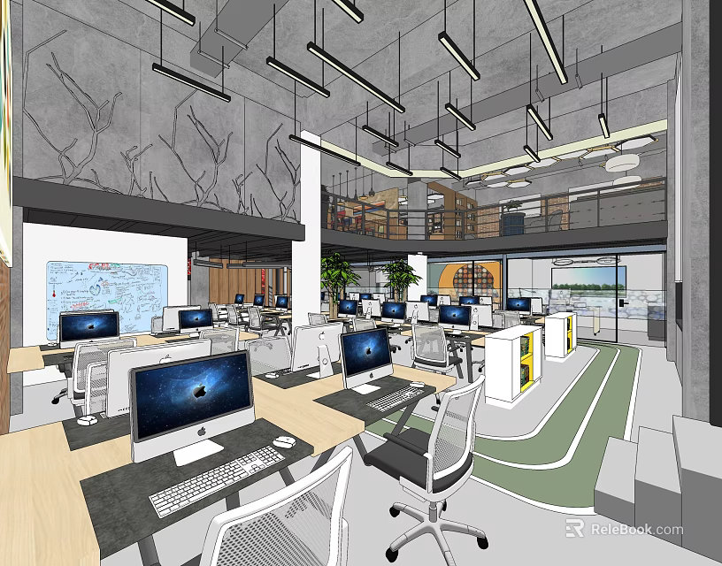 Modern Public Office Space With Open Layout Computers Desks Chairs Hanging Lights And Green Plants 3d model 