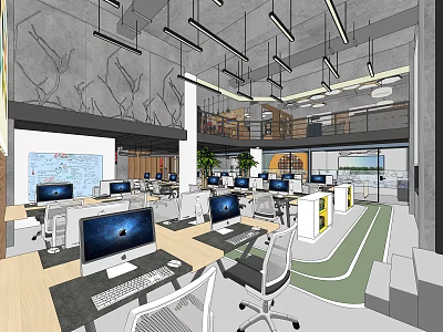 Modern Public Office Space With Open Layout Computers Desks Chairs Hanging Lights And Green Plants 3d model