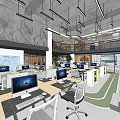 Modern Public Office Space With Open Layout Computers Desks Chairs Hanging Lights And Green Plants