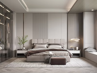 Elegant Modern Bedroom Interior With Upholstered Headboard Striped Wall And Herringbone Rug 3d model